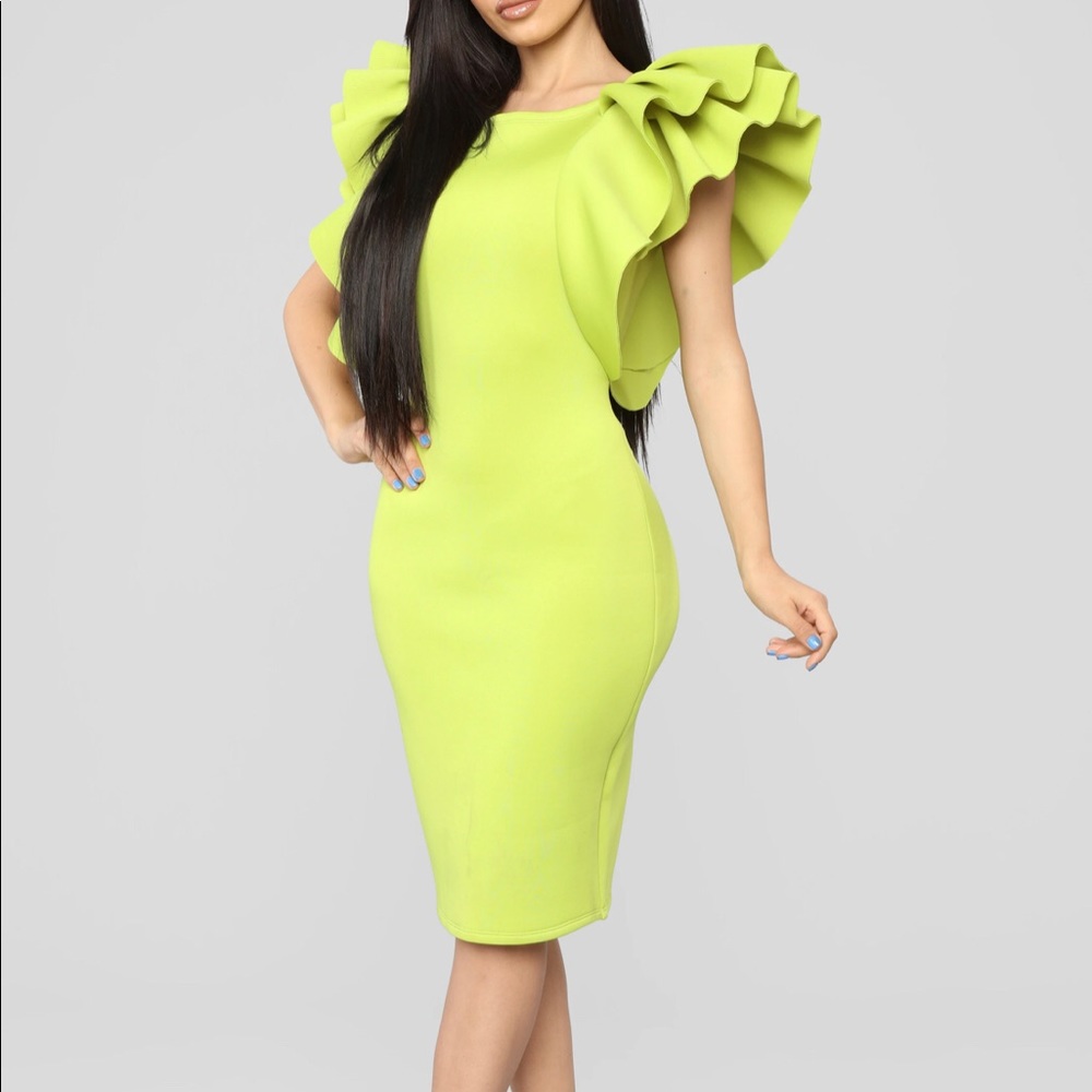 Fashion Nova Light Up My Life Ruffle Sleeve Dress - Lime